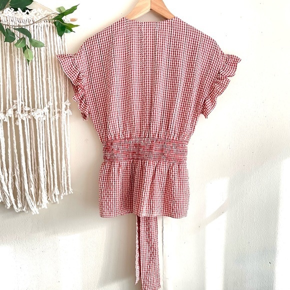 Red Gingham Ruffle Sleeve Tie Waist Blouse, Size M - Picture 2 of 5